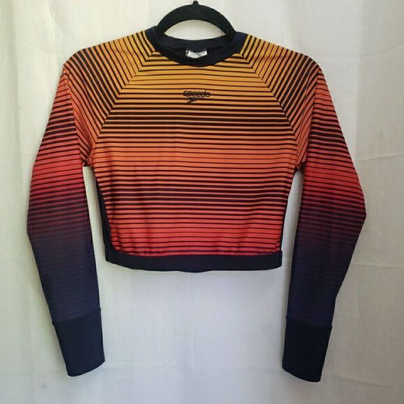 Speedo Long Sleeve Crop Top Navy Orange Striped Women's Size 8 US 10 AUS - Picture 1 of 12